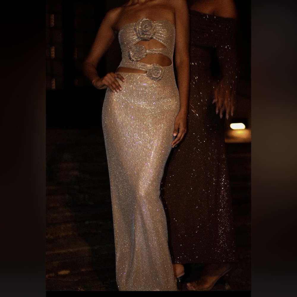Meshki Champagne Sparkle Strapless Cutout Gown